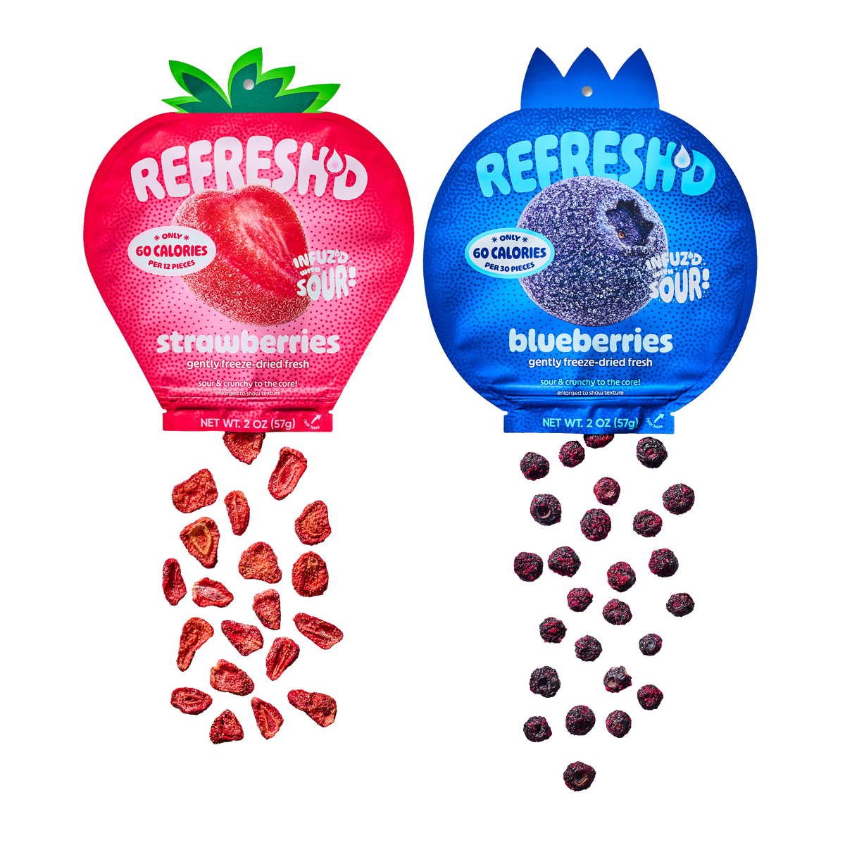Berry Blend two-pack: a pouch of sour freeze-dried strawberries and a pouch of sour freeze-dried blueberries, pieces spilling out