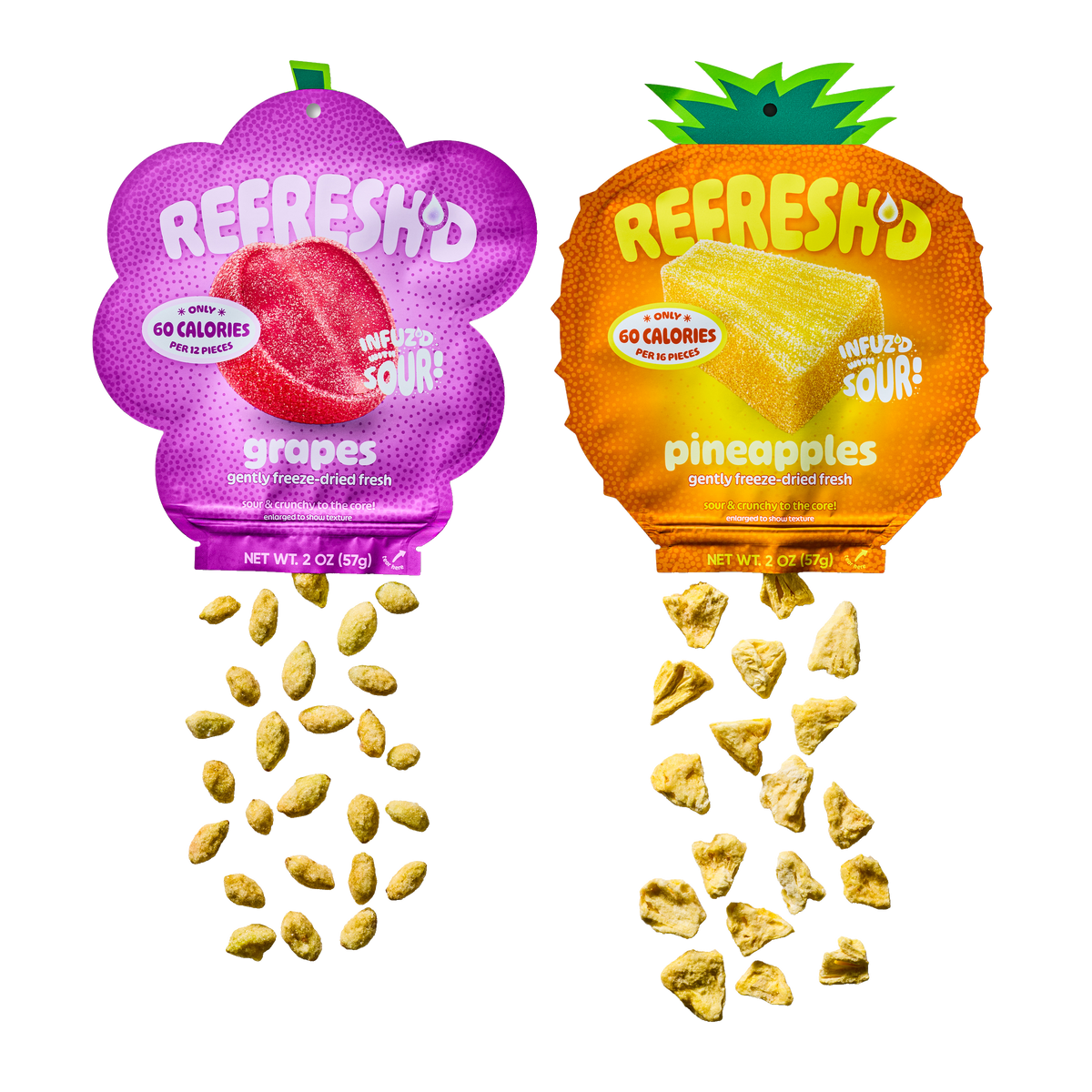 Super Sour Blend two-pack: a pouch of sour freeze-dried grapes and a pouch of sour freeze-dried pineapples, pieces spilling out