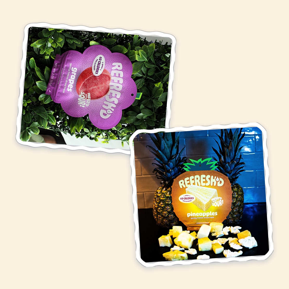 A REFRESH'D grapes pouch lying in green leaves and a REFRESH'D pineapples pouch standing between two fresh pineapples, shown as two die-cut photo stickers on cream