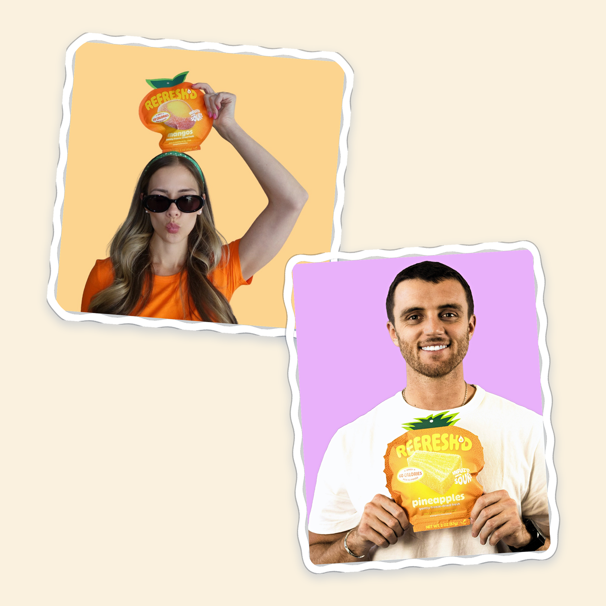 A woman holding a REFRESH'D mangos pouch above her head and a man holding a REFRESH'D pineapples pouch, shown as two die-cut photo stickers on cream