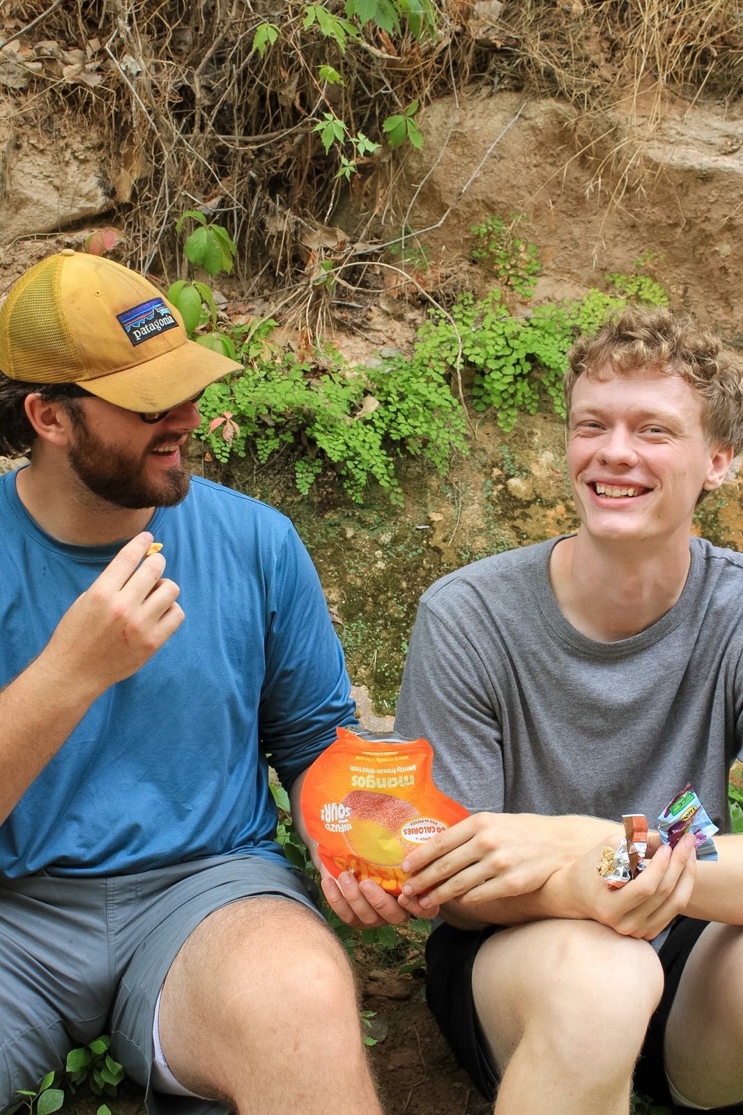 Hike, eating from the pack, sour freeze-dried mangos