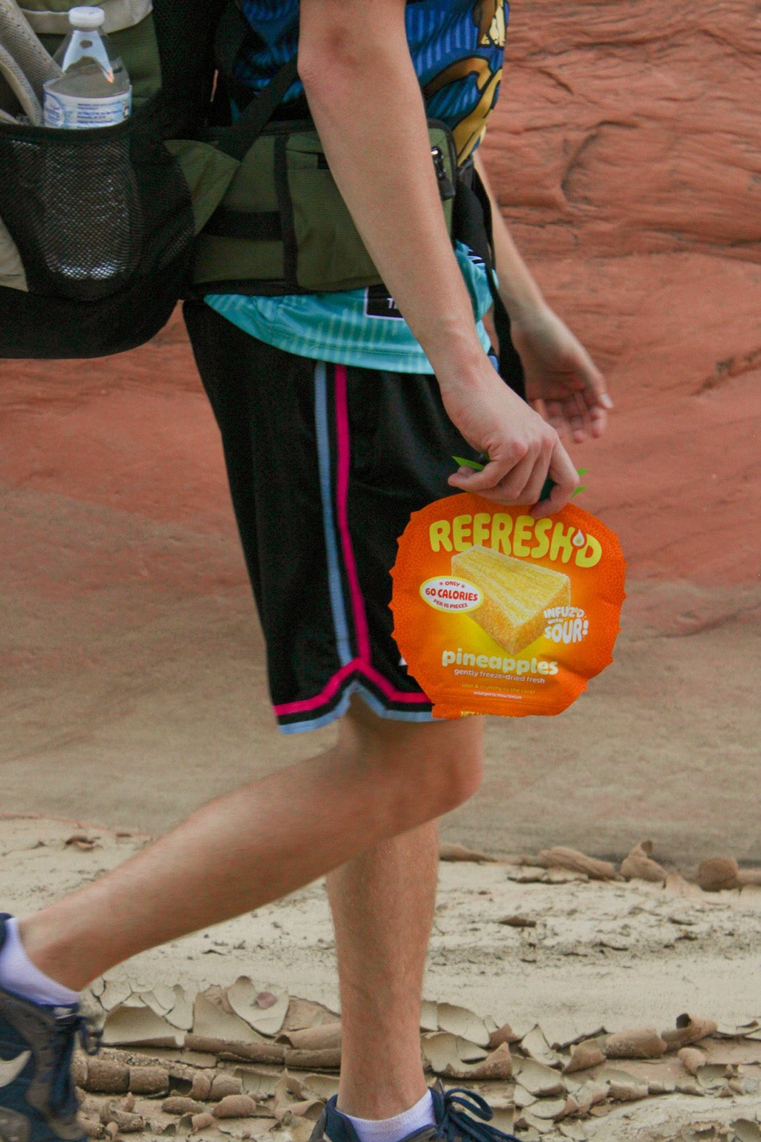 Hike, pack carried walking, sour freeze-dried pineapples