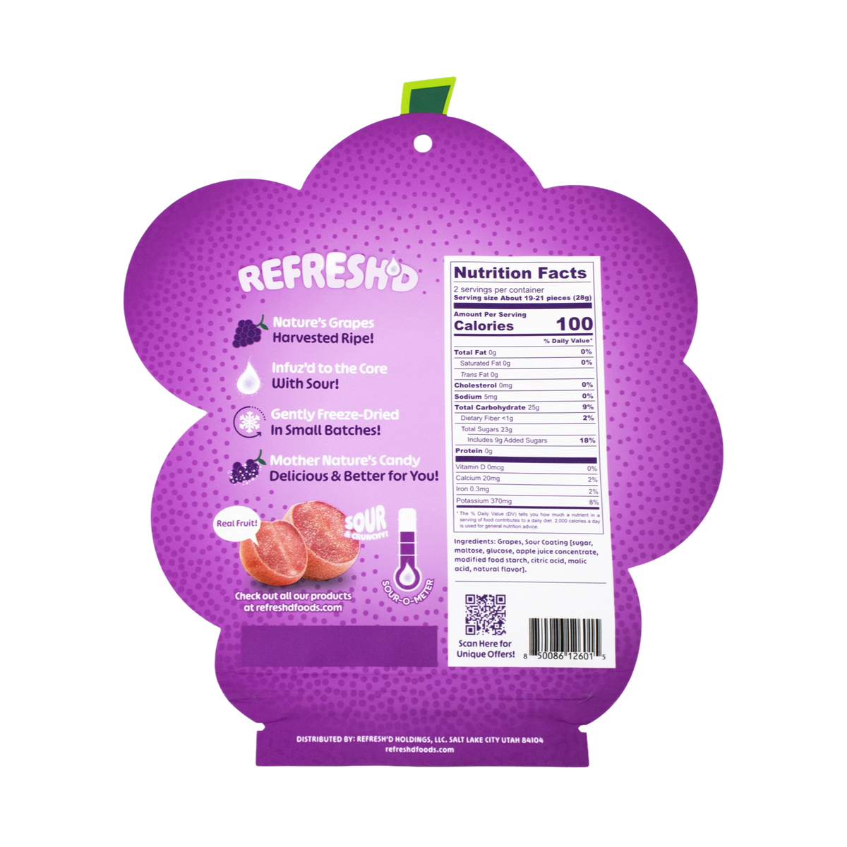 Sour freeze-dried grapes, pouch back with the panel