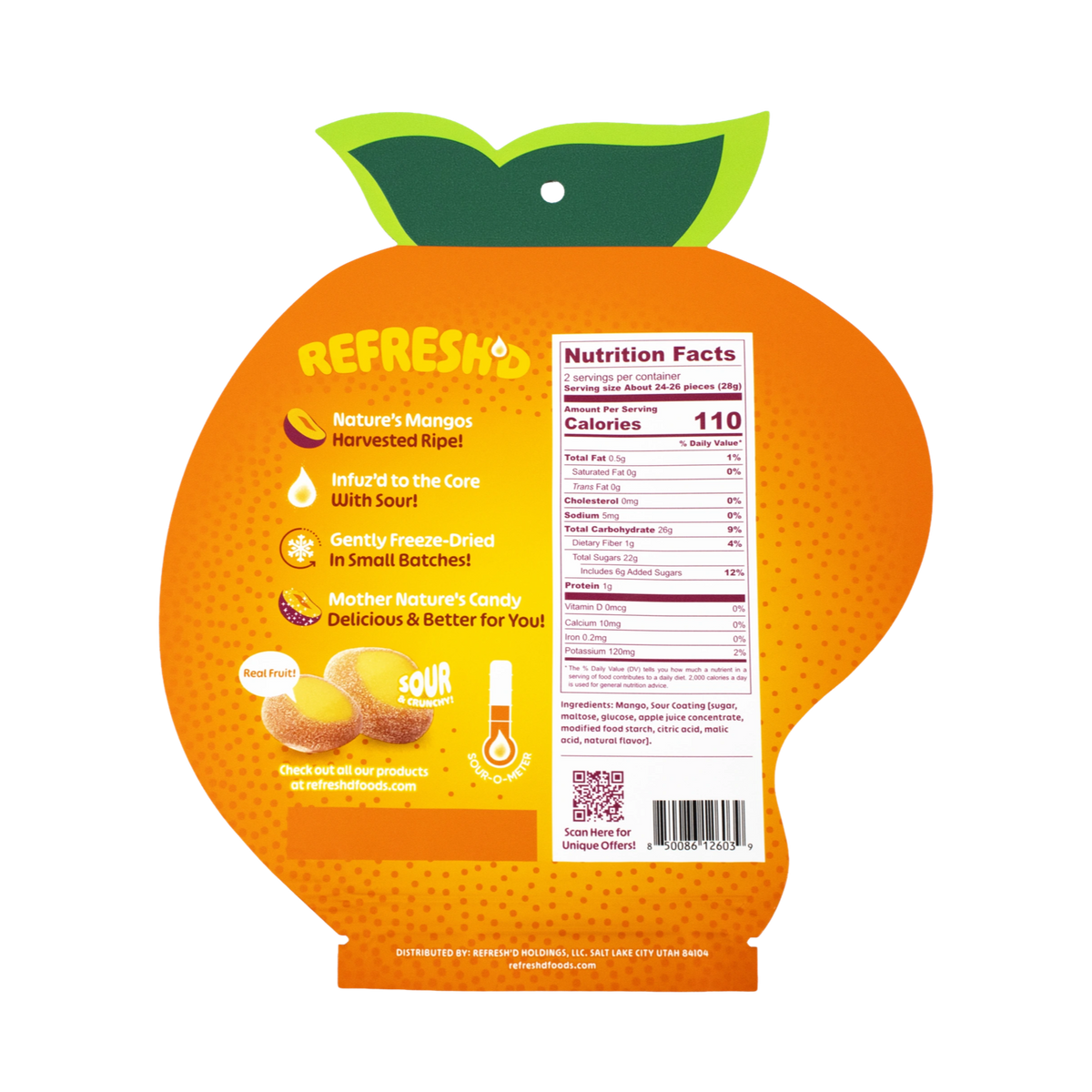 Sour freeze-dried mangos, pouch back with the panel