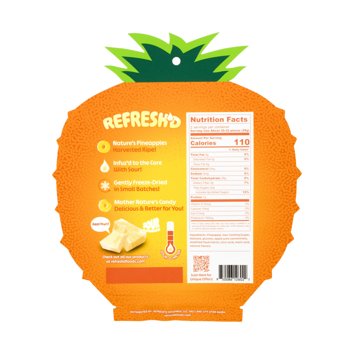 Sour freeze-dried pineapples, pouch back with the panel