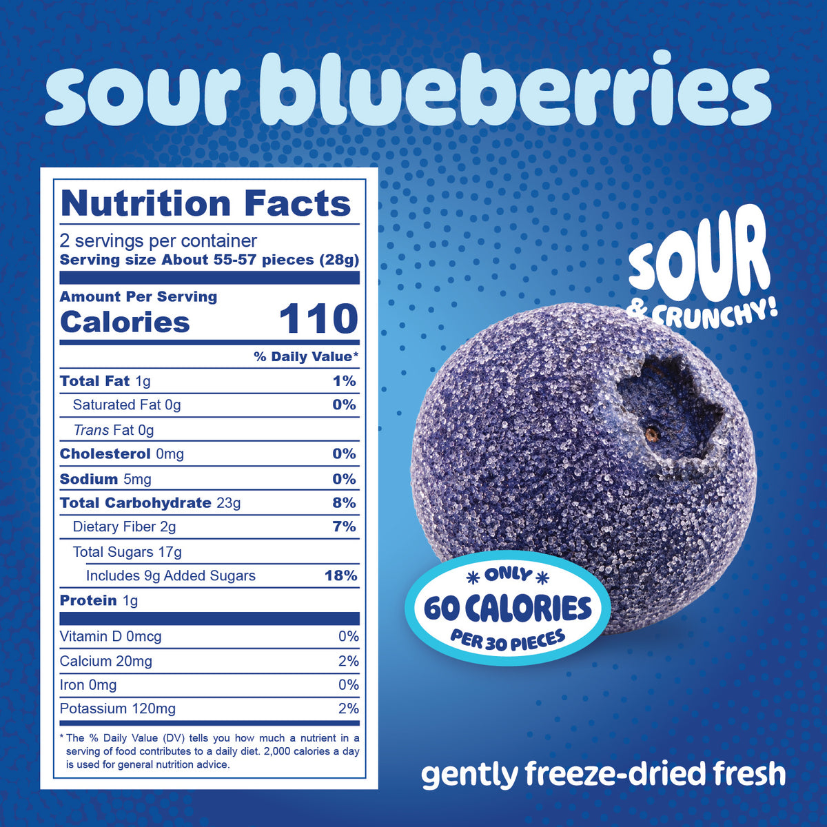 Nutrition Facts for sour freeze-dried blueberries: 2 servings per pouch, 110 calories per 28 g serving, about 55 to 57 pieces