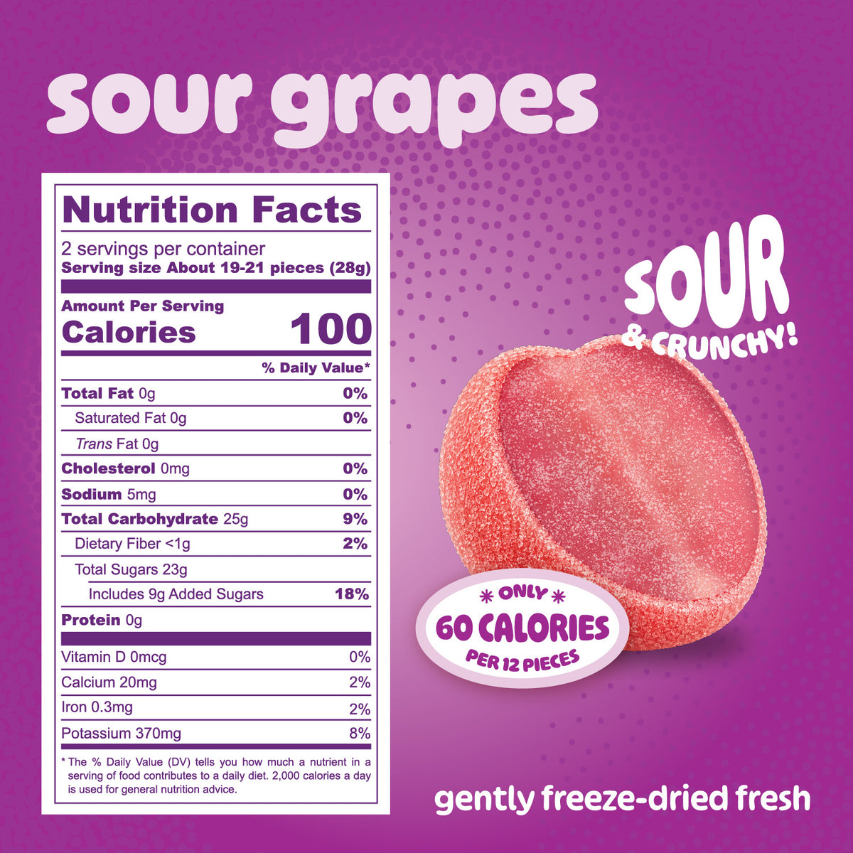 Nutrition Facts for sour freeze-dried grapes: 2 servings per pouch, 100 calories per 28 g serving, about 19 to 21 pieces
