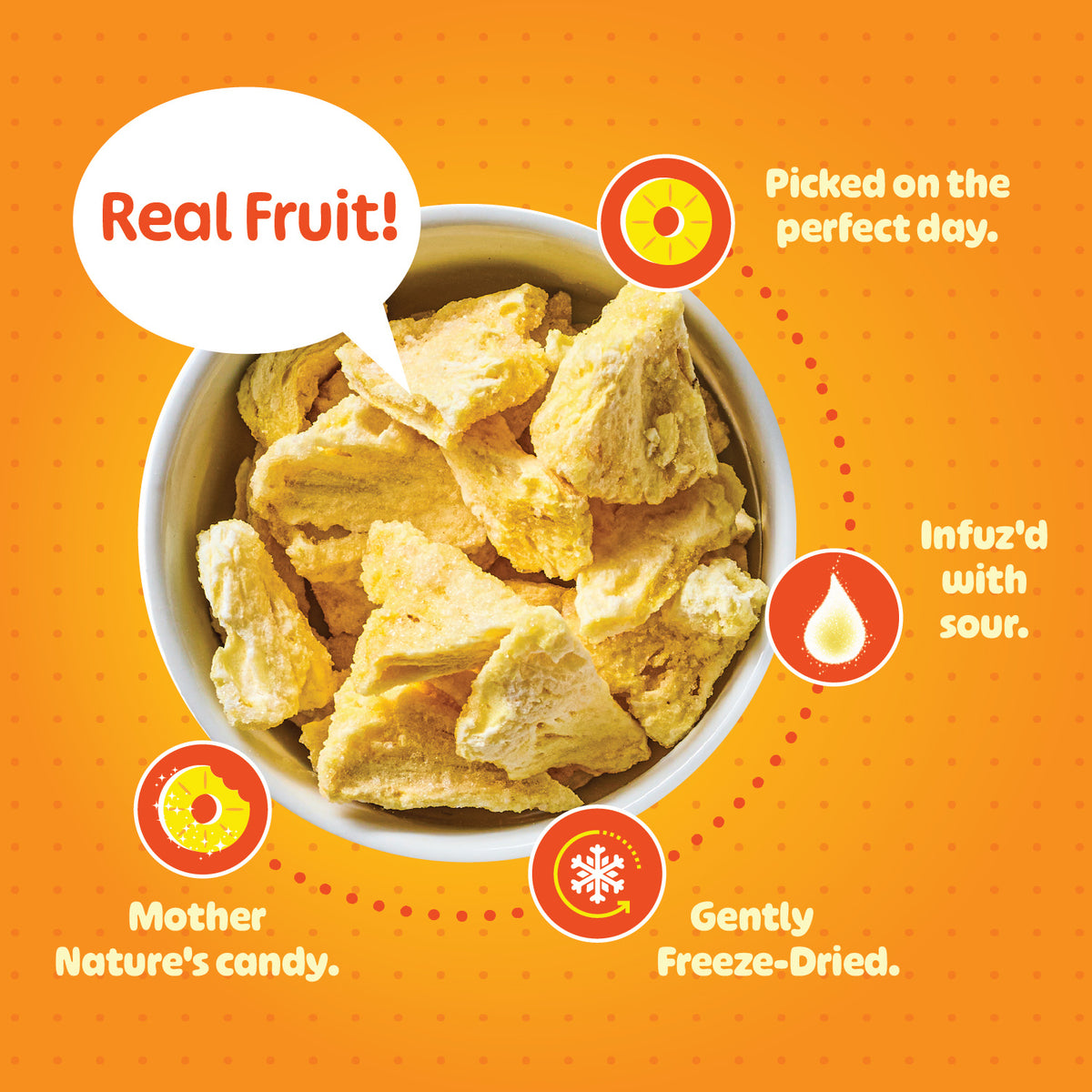 A bowl of REFRESH'D freeze-dried pineapples: real fruit picked on the perfect day, Infuz'd with sour, gently freeze-dried
