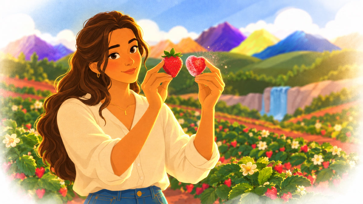 She holds a ripe strawberry in one hand and a sugar-crusted sour strawberry piece in the other. They are the same shape.