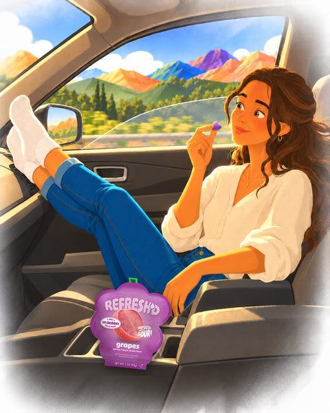 Feet on the dashboard on a road trip, a pouch of sour grapes in the cupholder.