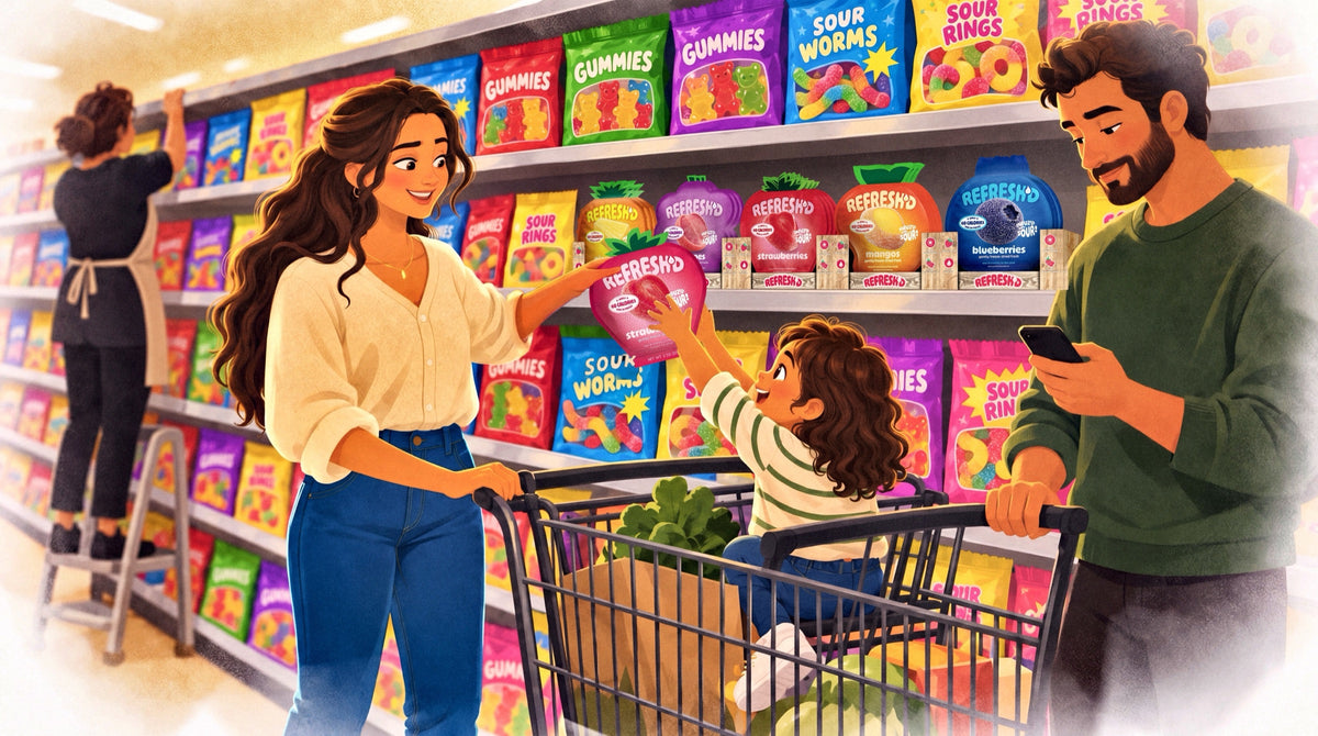 In the candy aisle she reaches for the strawberry pouch, one of five fruit-shaped pouches among the candy bags, while a kid in a cart reaches for it too.