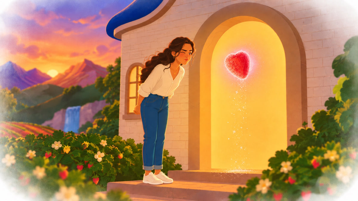 She puckers at a sugar-crusted strawberry hanging in the doorway light.
