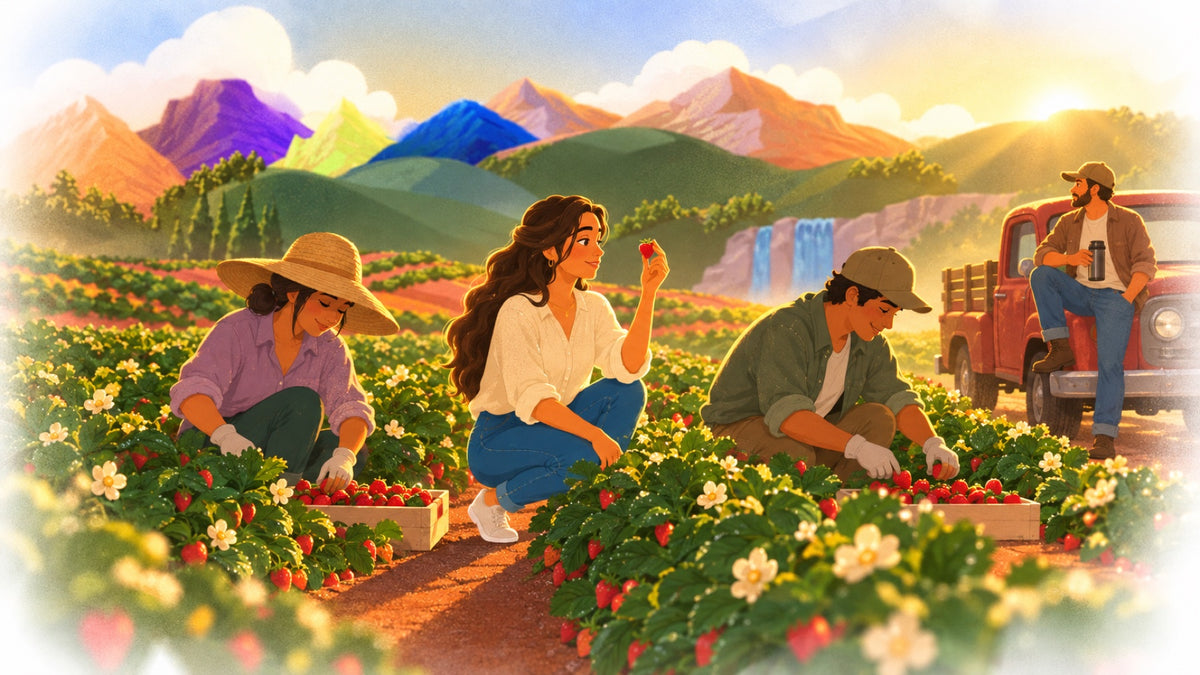 At sunrise she and two pickers fill flats in the strawberry rows while a truck driver leans on his fender and waits.