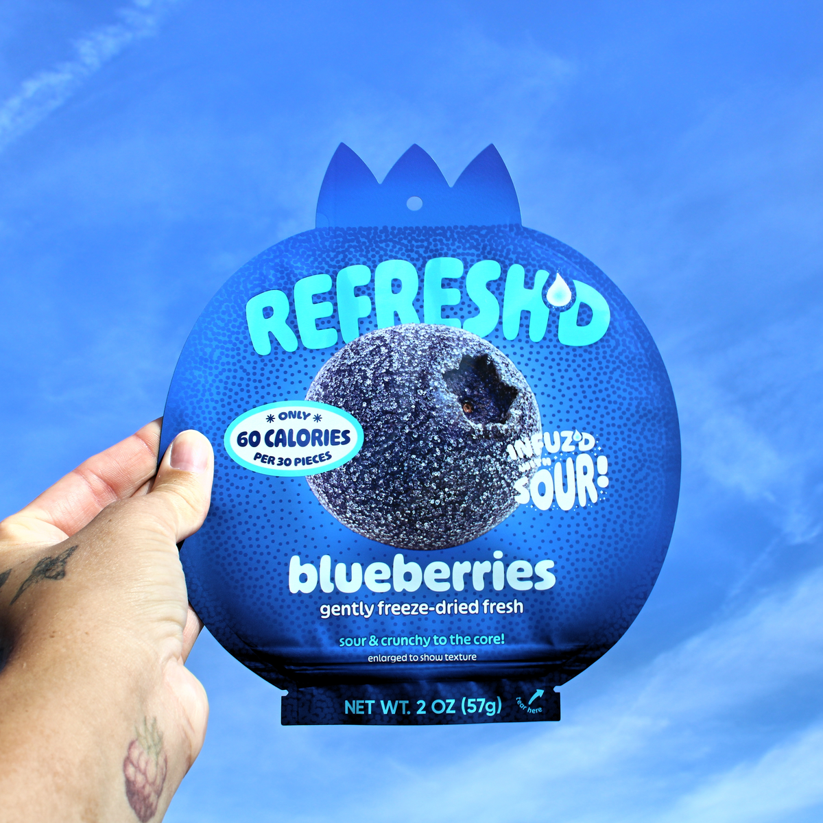 A hand holding a REFRESH'D blueberries pouch up against a blue sky