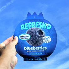 A hand holding a REFRESH'D blueberries pouch up against a blue sky