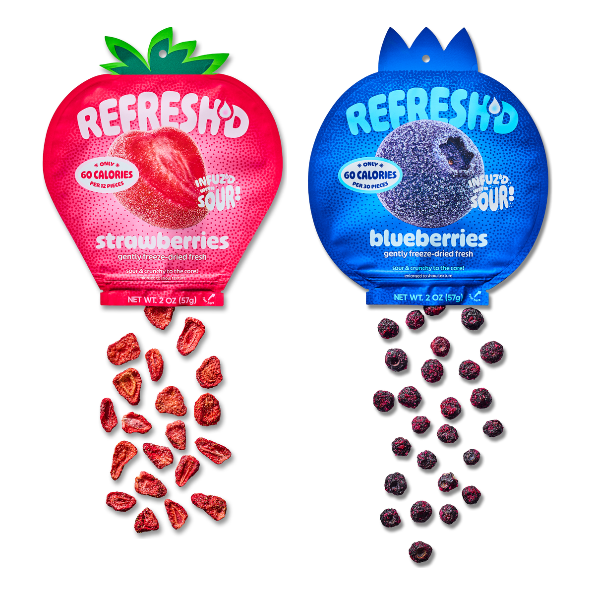 Berry Blend two-pack: a pouch of sour freeze-dried strawberries and a pouch of sour freeze-dried blueberries, pieces spilling out