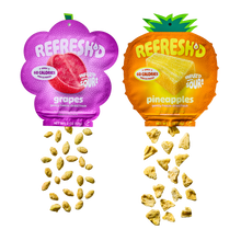 Super Sour Blend two-pack: a pouch of sour freeze-dried grapes and a pouch of sour freeze-dried pineapples, pieces spilling out
