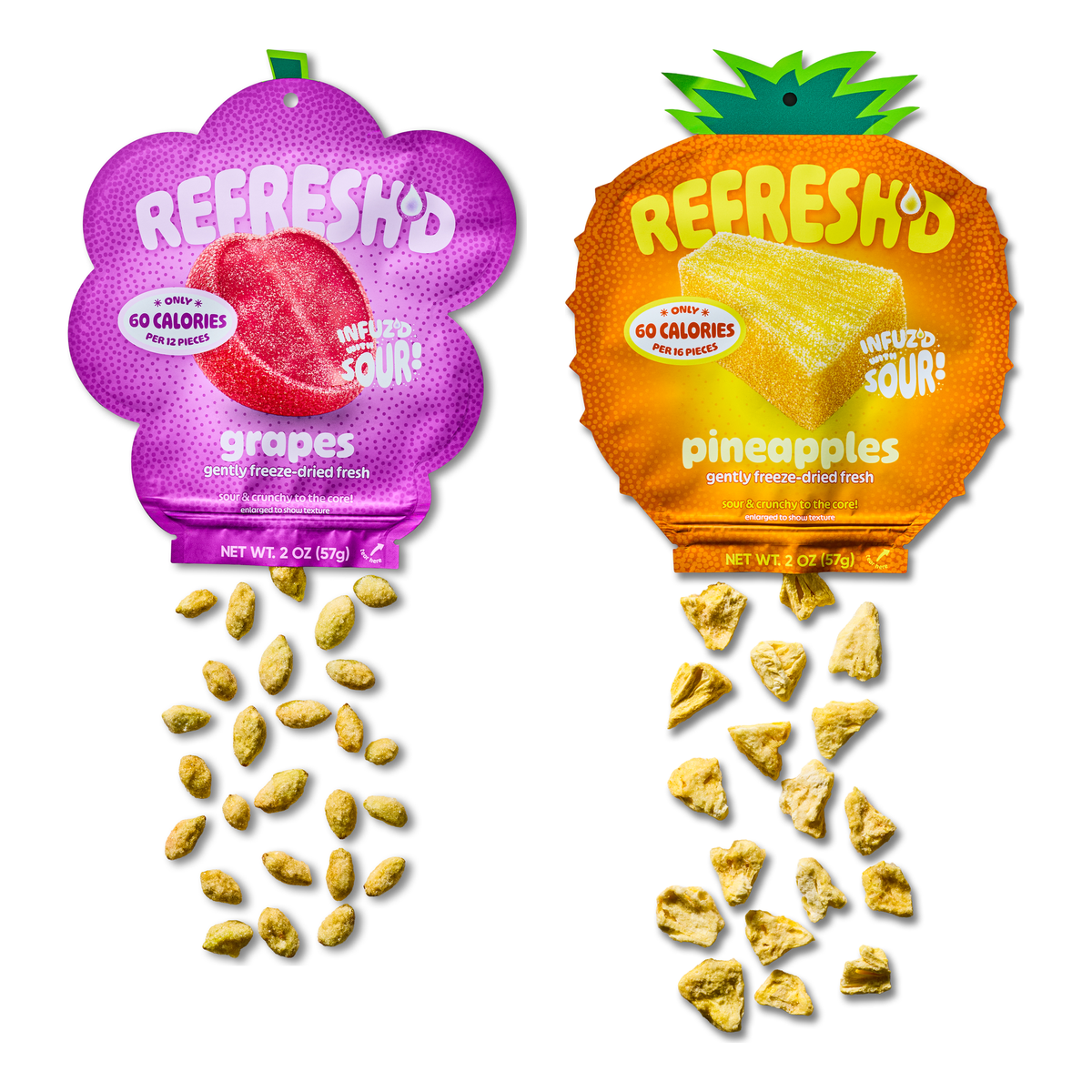 Super Sour Blend two-pack: a pouch of sour freeze-dried grapes and a pouch of sour freeze-dried pineapples, pieces spilling out