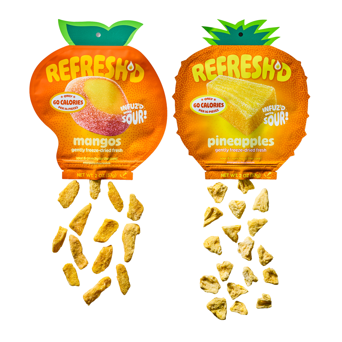 Tropical Blend two-pack: a pouch of sour freeze-dried mangos and a pouch of sour freeze-dried pineapples, pieces spilling out