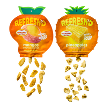 Tropical Blend two-pack: a pouch of sour freeze-dried mangos and a pouch of sour freeze-dried pineapples, pieces spilling out