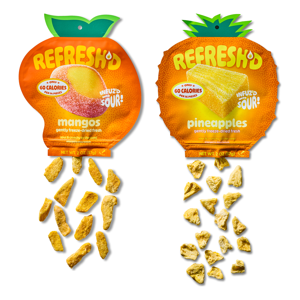 Tropical Blend two-pack: a pouch of sour freeze-dried mangos and a pouch of sour freeze-dried pineapples, pieces spilling out