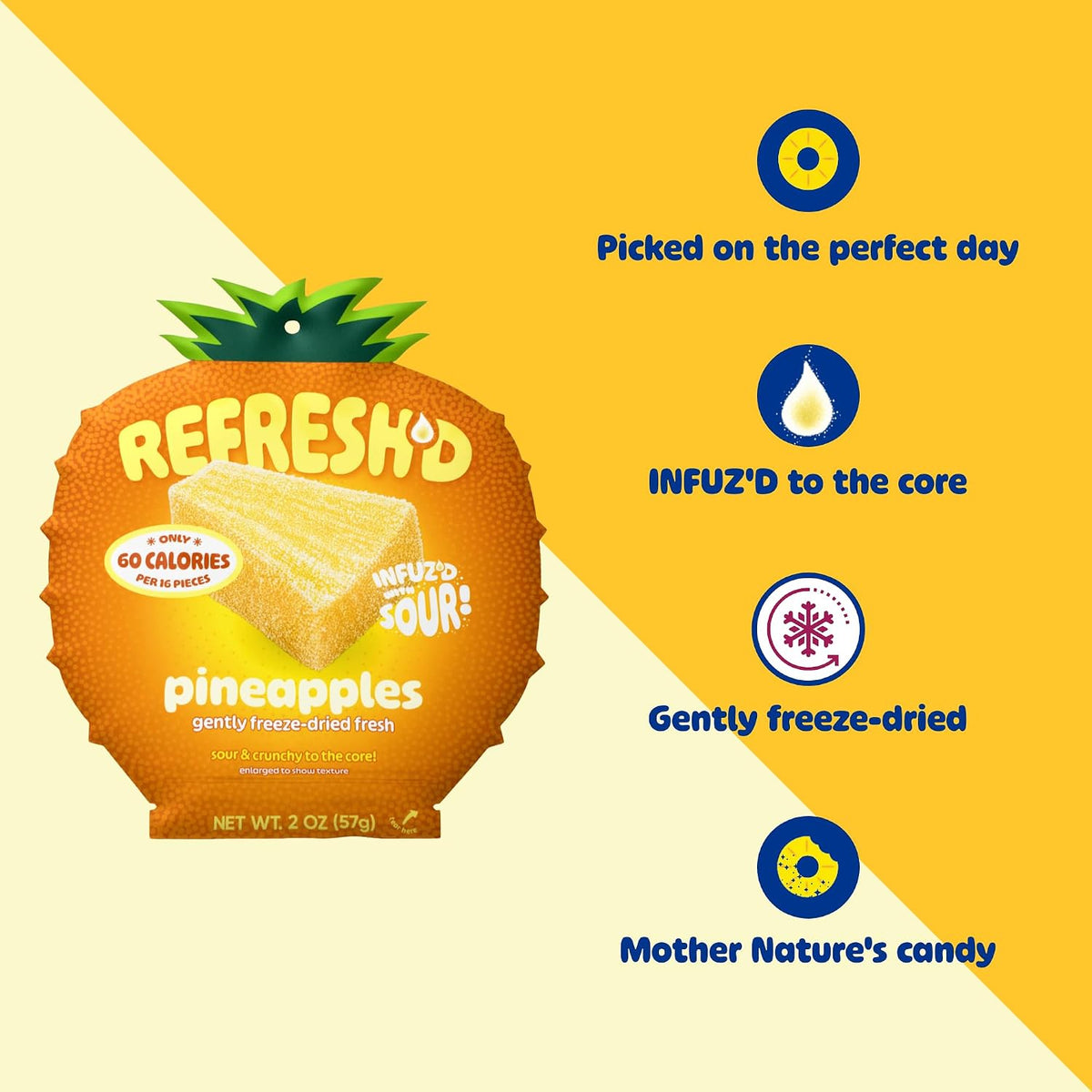 REFRESH'D Freeze Dried Sour Pineapple, Real Fruit,