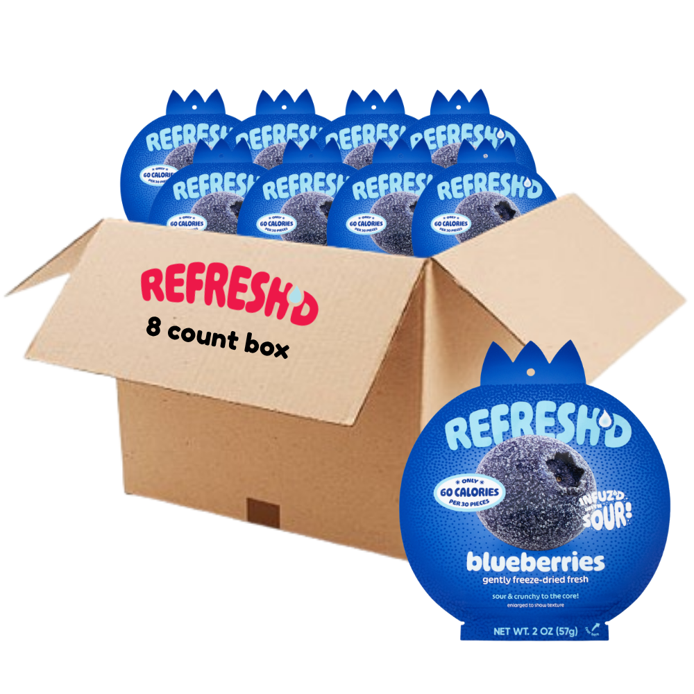 Eight-count box of REFRESH'D sour freeze-dried blueberries with one 2 oz pouch in front