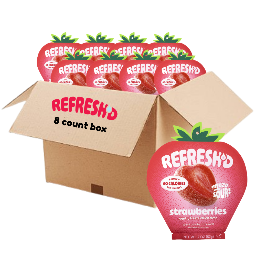 Eight-count box of REFRESH'D sour freeze-dried strawberries with one 2 oz pouch in front
