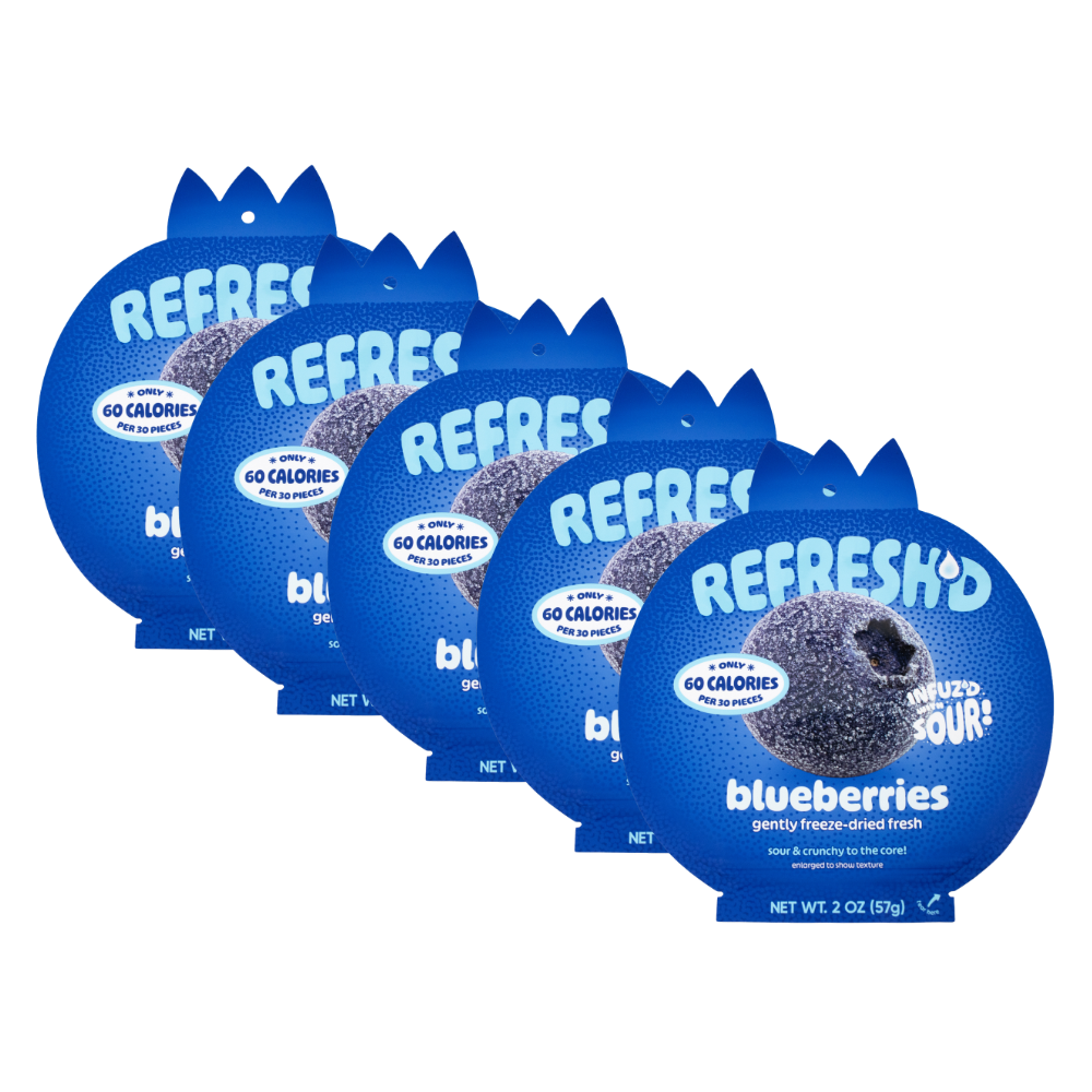 Five-pack of REFRESH'D sour freeze-dried blueberries, 2 oz blueberry-shaped pouches in a row