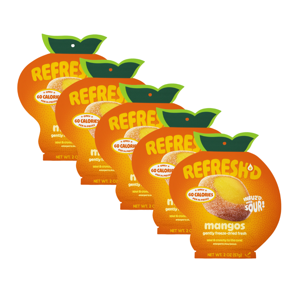 Five-pack of REFRESH'D sour freeze-dried mango, 2 oz mango-shaped pouches in a row