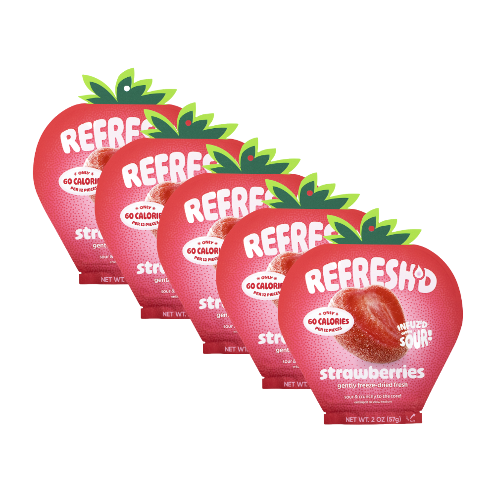 Five-pack of REFRESH'D sour freeze-dried strawberries, 2 oz strawberry-shaped pouches in a row
