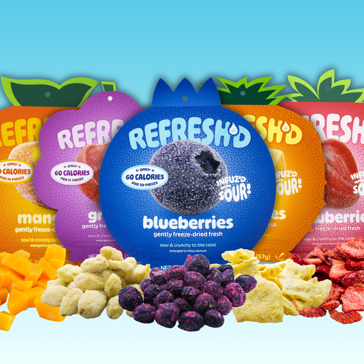 REFRESH'D sour freeze-dried fruit variety pack: mango, grape, blueberry, pineapple and strawberry pouches with freeze-dried fruit in front