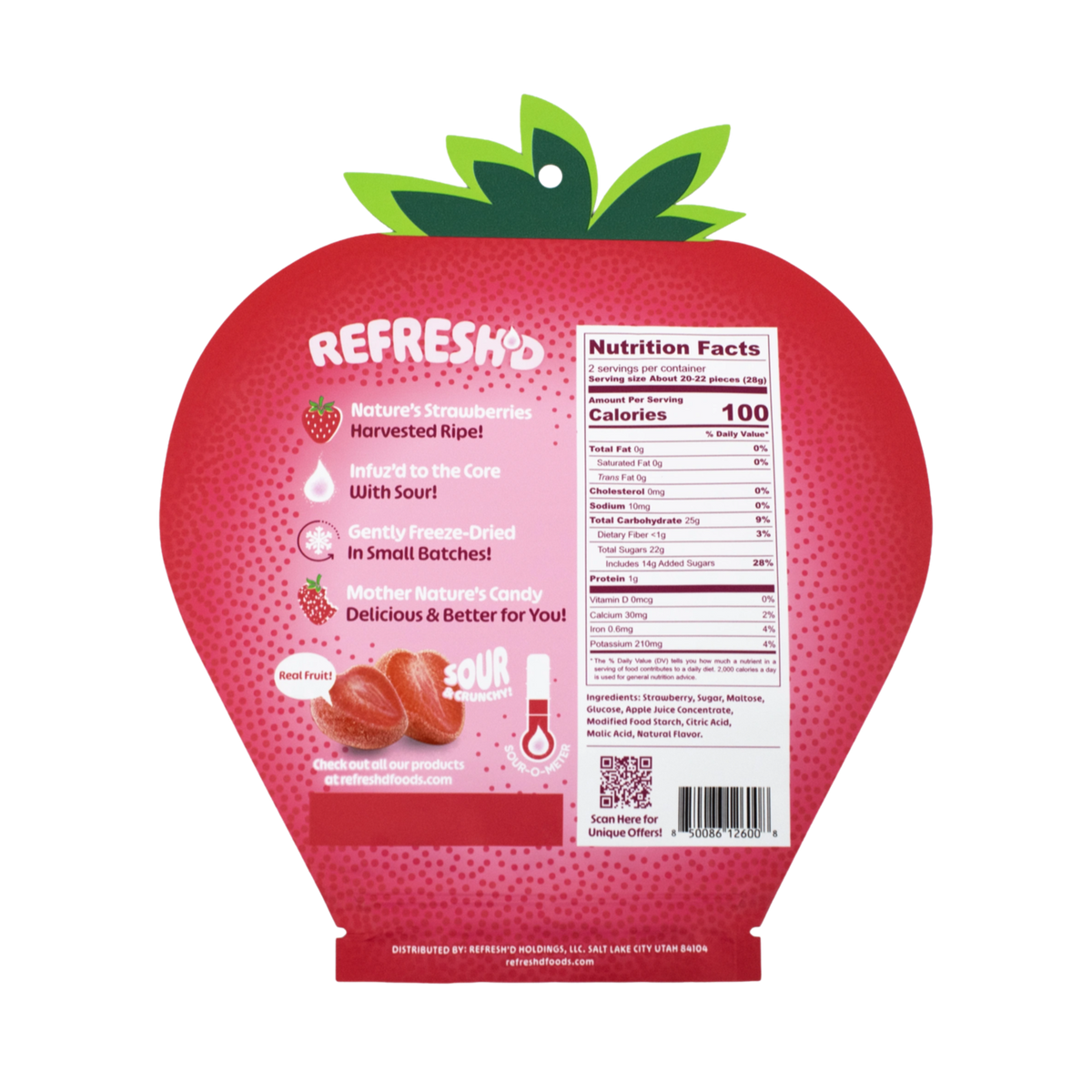 Sour freeze-dried strawberries, pouch back with the panel