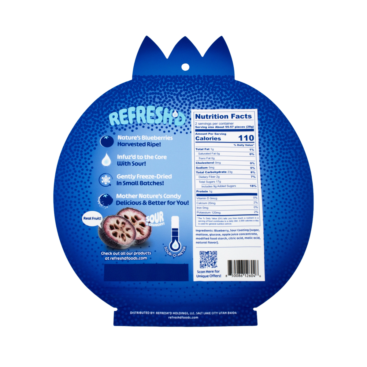 Sour freeze-dried blueberries, pouch back with the panel