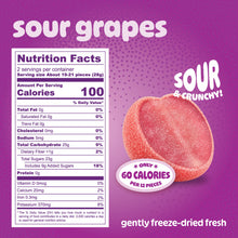 Nutrition Facts for sour freeze-dried grapes: 2 servings per pouch, 100 calories per 28 g serving, about 19 to 21 pieces