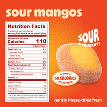 Nutrition Facts for sour freeze-dried mangos: 2 servings per pouch, 110 calories per 28 g serving, about 24 to 26 pieces