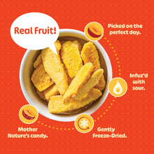A bowl of REFRESH'D freeze-dried mangos: real fruit picked on the perfect day, Infuz'd with sour, gently freeze-dried