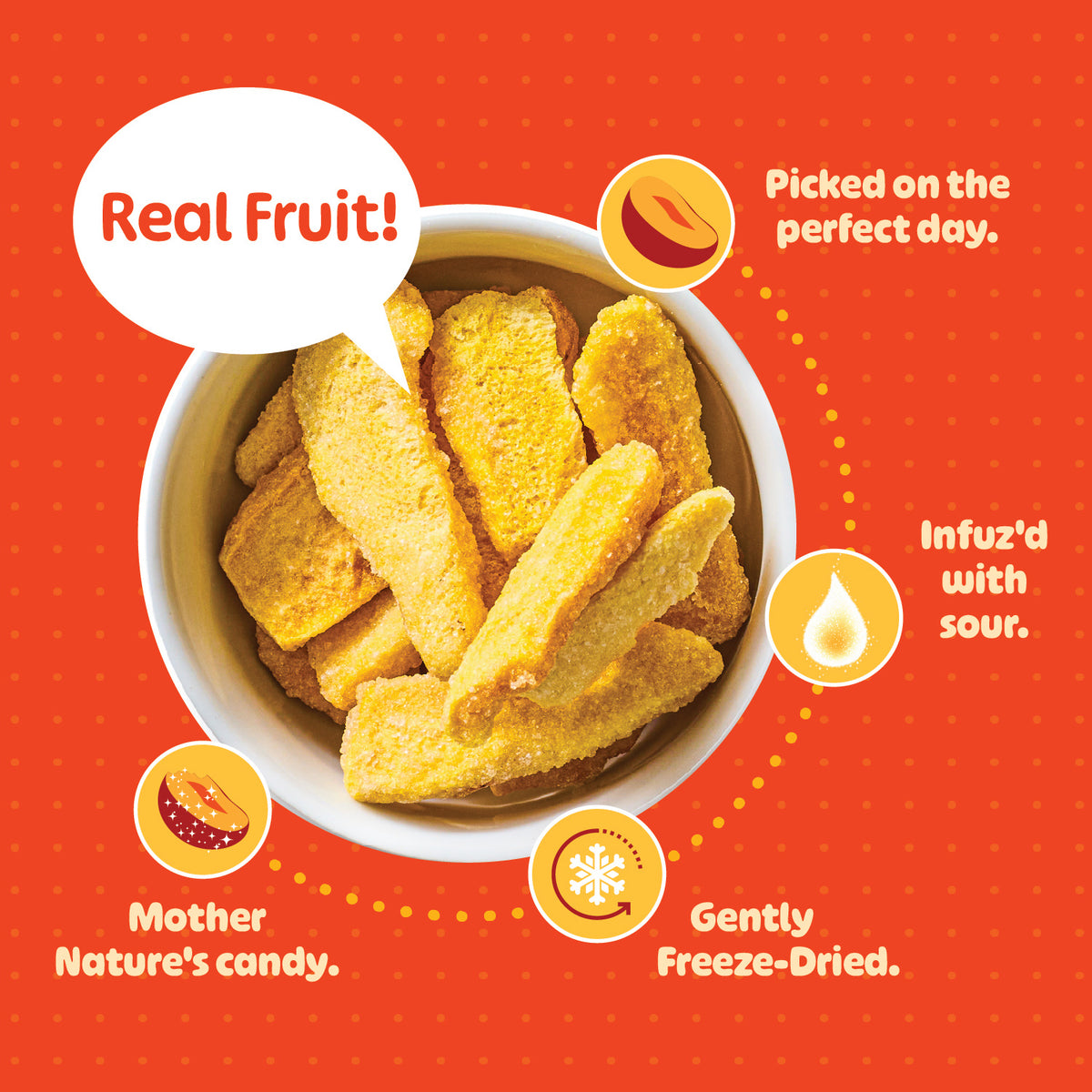 A bowl of REFRESH'D freeze-dried mangos: real fruit picked on the perfect day, Infuz'd with sour, gently freeze-dried