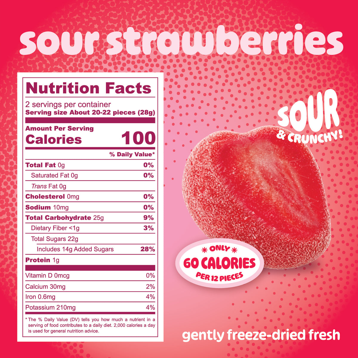 Nutrition Facts for sour freeze-dried strawberries: 2 servings per pouch, 100 calories per 28 g serving, about 20 to 22 pieces