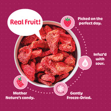 A bowl of REFRESH'D freeze-dried strawberries: real fruit picked on the perfect day, Infuz'd with sour, gently freeze-dried