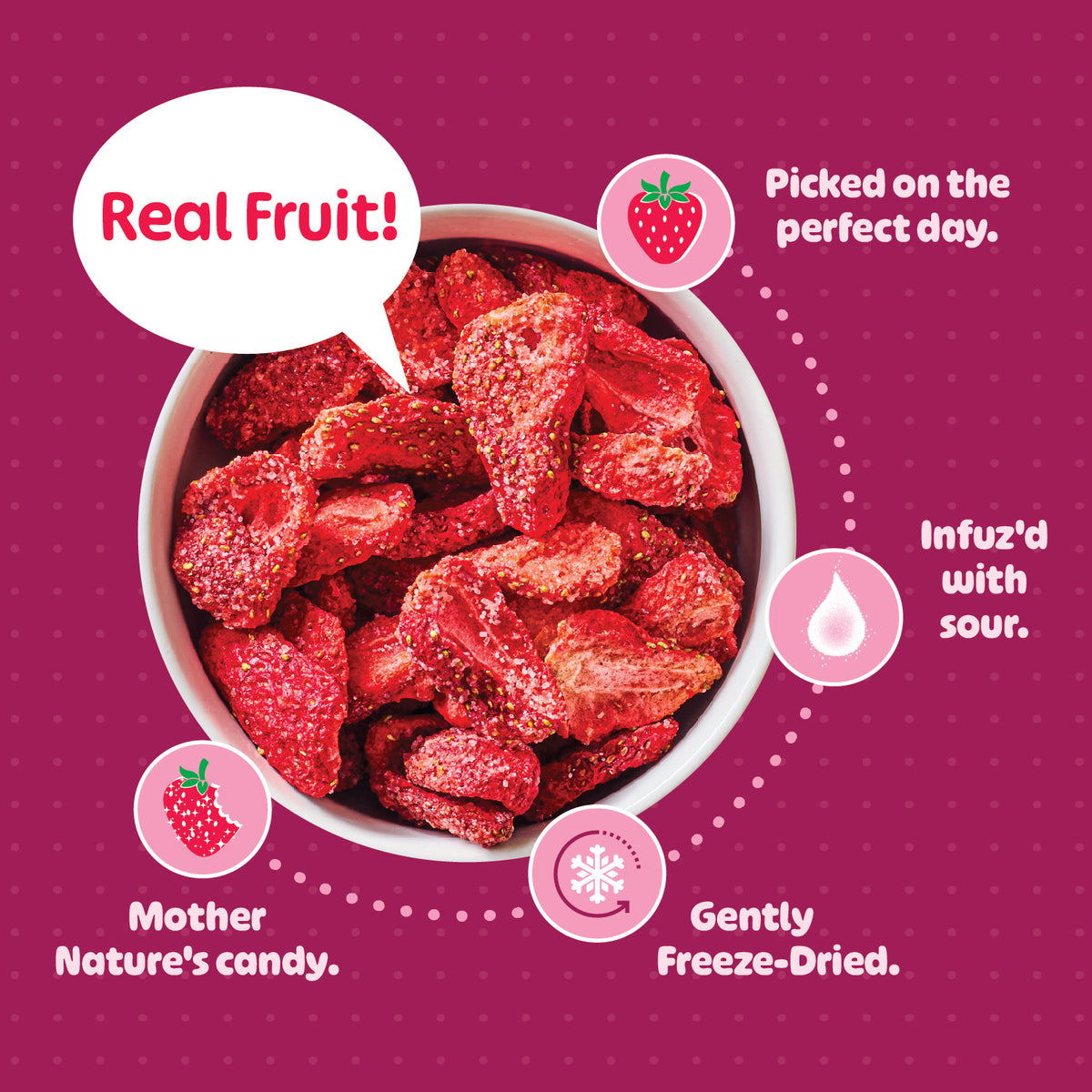 A bowl of REFRESH'D freeze-dried strawberries: real fruit picked on the perfect day, Infuz'd with sour, gently freeze-dried