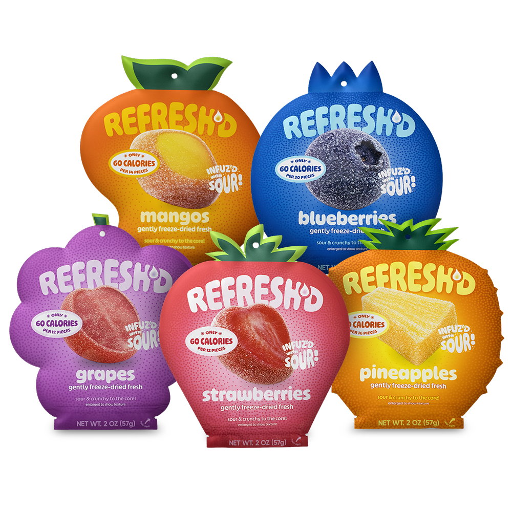 The five REFRESH'D pouches: mangos, blueberries, grapes, strawberries and pineapples