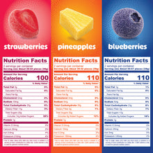 Nutrition Facts for sour freeze-dried strawberries (100 calories), pineapples (110) and blueberries (110), per 28 g serving