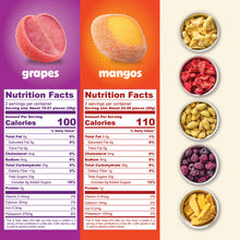 Nutrition Facts for sour freeze-dried grapes (100 calories) and mangos (110), per 28 g serving, with a piece of each fruit
