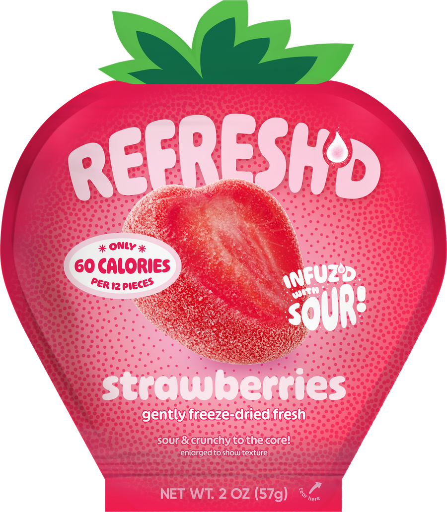 REFRESH'D sour freeze-dried strawberries, 2 oz pouch die-cut in the shape of a strawberry