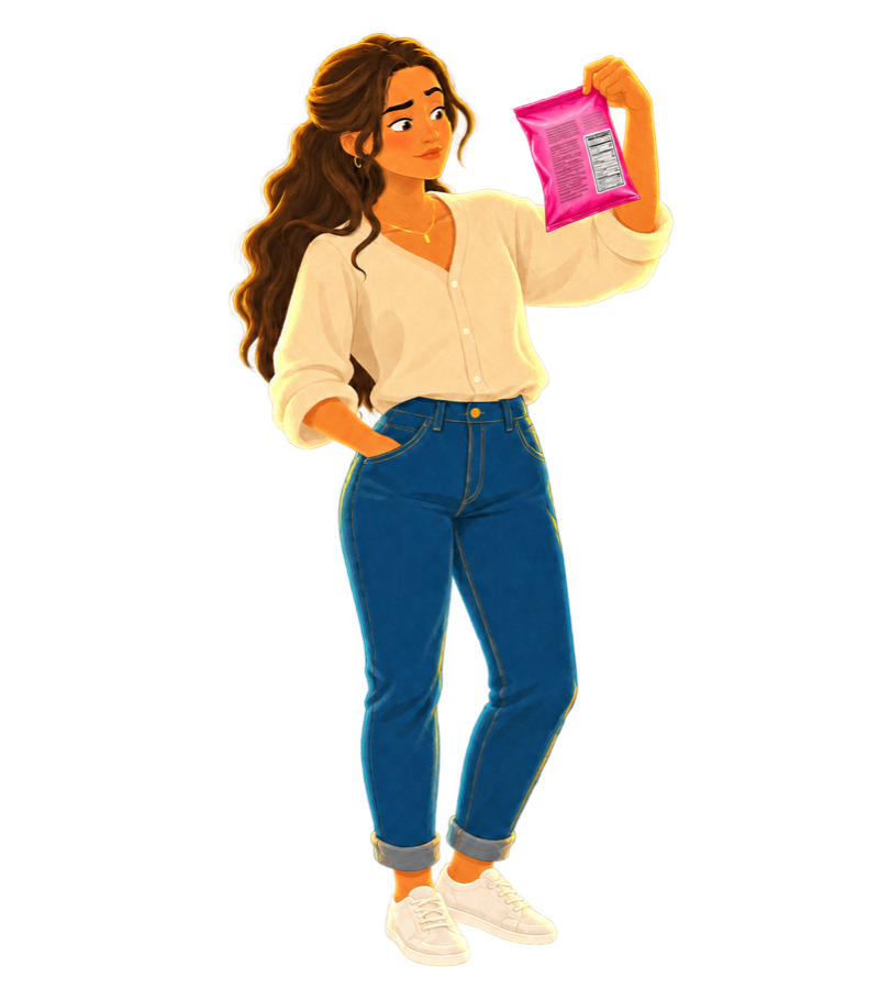 She reads the back of a candy bag, unimpressed.