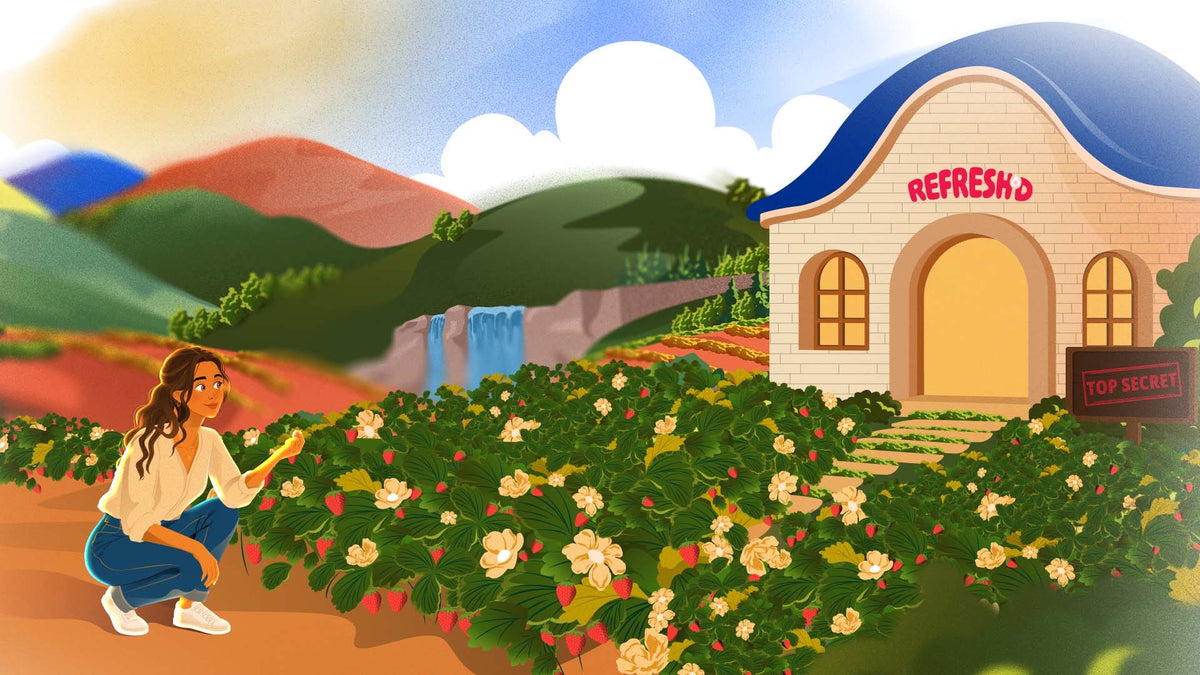 She picks at the rows below the REFRESH'D freeze-dry house.
