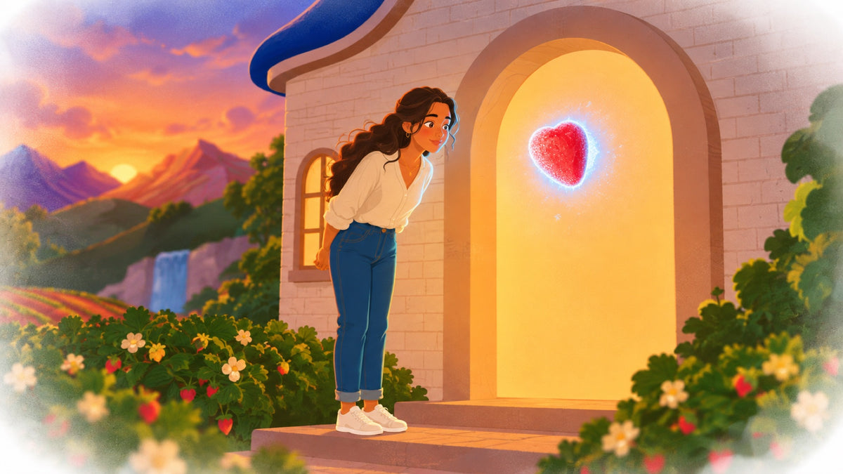 She leans in at the doorway of the little house, where a single frosted strawberry hangs in the light.