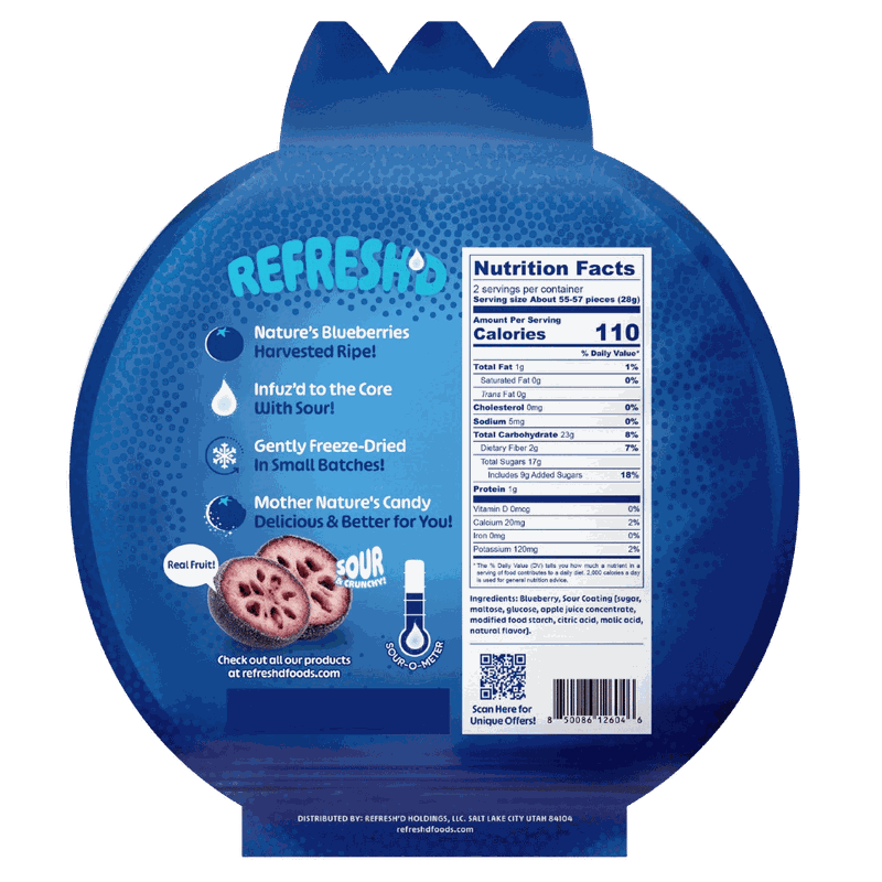 The back of the sour blueberries pouch, showing the printed Nutrition Facts panel.