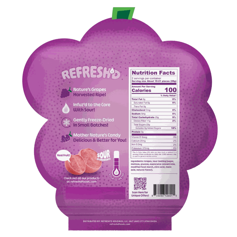 The back of the sour grapes pouch, showing the printed Nutrition Facts panel.